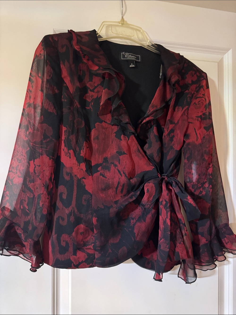Catherine Malandrino Black & Red Floral Tie-Front Sheer Blouse